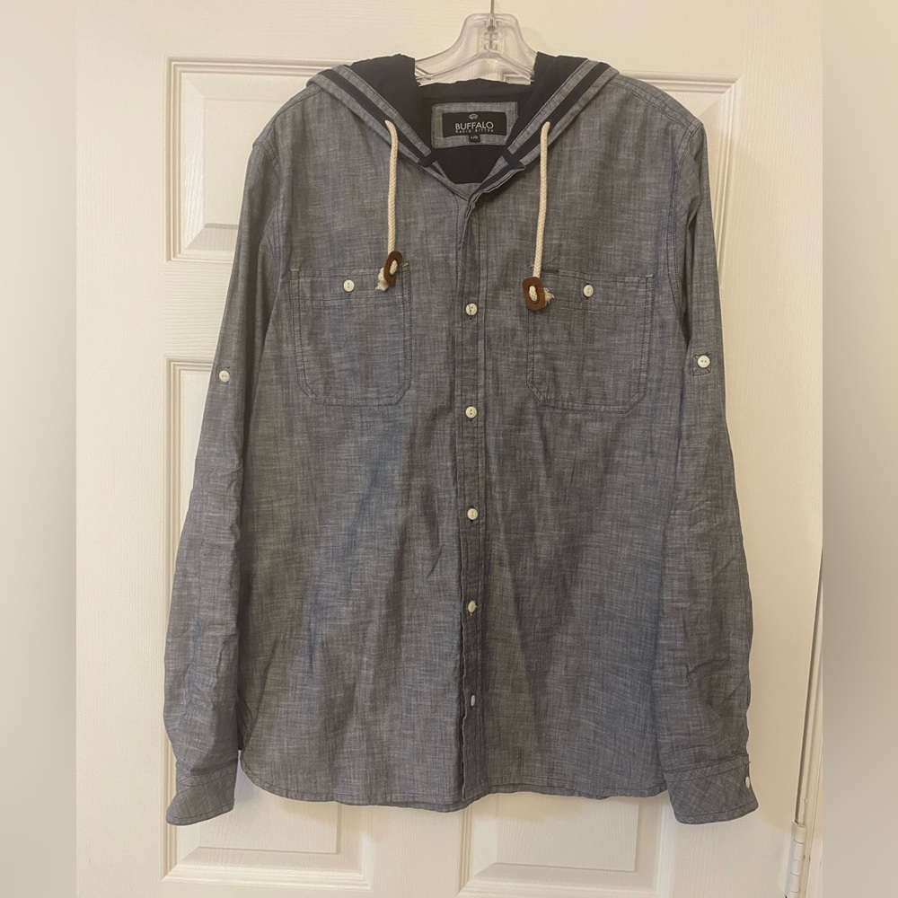 NWT - Buffalo David Bitton Blue long sleeve button down shirt with hood, large